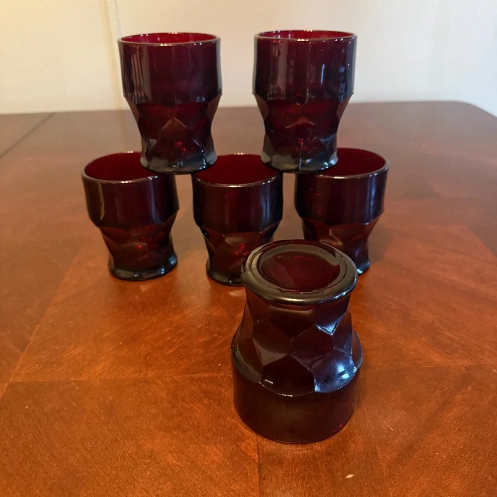 Vtg Ruby Red‎ Glass Juice Tumblers Set of 6 Geometric Footed Mid Century